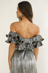 Amaria Off-Shoulder Lettuce Edge Crop Top Silver