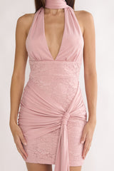Adair Halterneck Waist Sash Mini Dress Blush