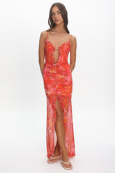 Audette Floral Mesh Ruffle Slip Gown Coral