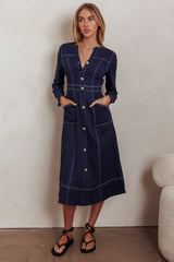 Aspen Love Front Pocket Long Sleeve Midi Dress Indigo