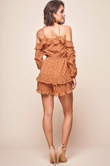 Agron Off-Shoulder Accordion Pleat Romper Mocha