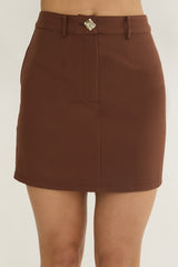 Arlina Gold Button Mini Skirt Chocolate