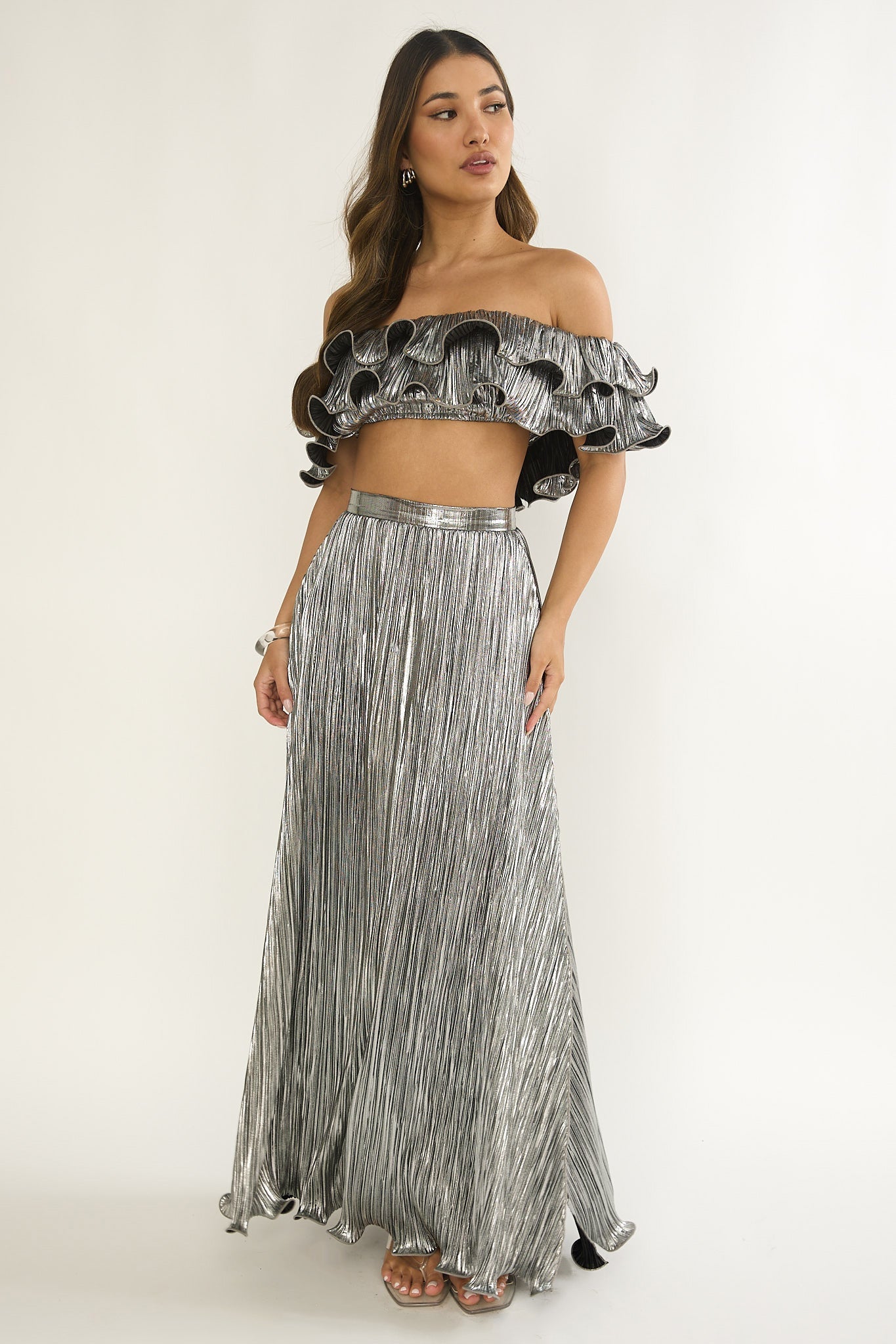 Amaria Off-Shoulder Lettuce Edge Crop Top Silver