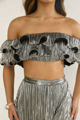 Amaria Off-Shoulder Lettuce Edge Crop Top Silver