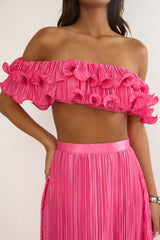 Amaria Off-Shoulder Lettuce Edge Crop Top Hot Pink
