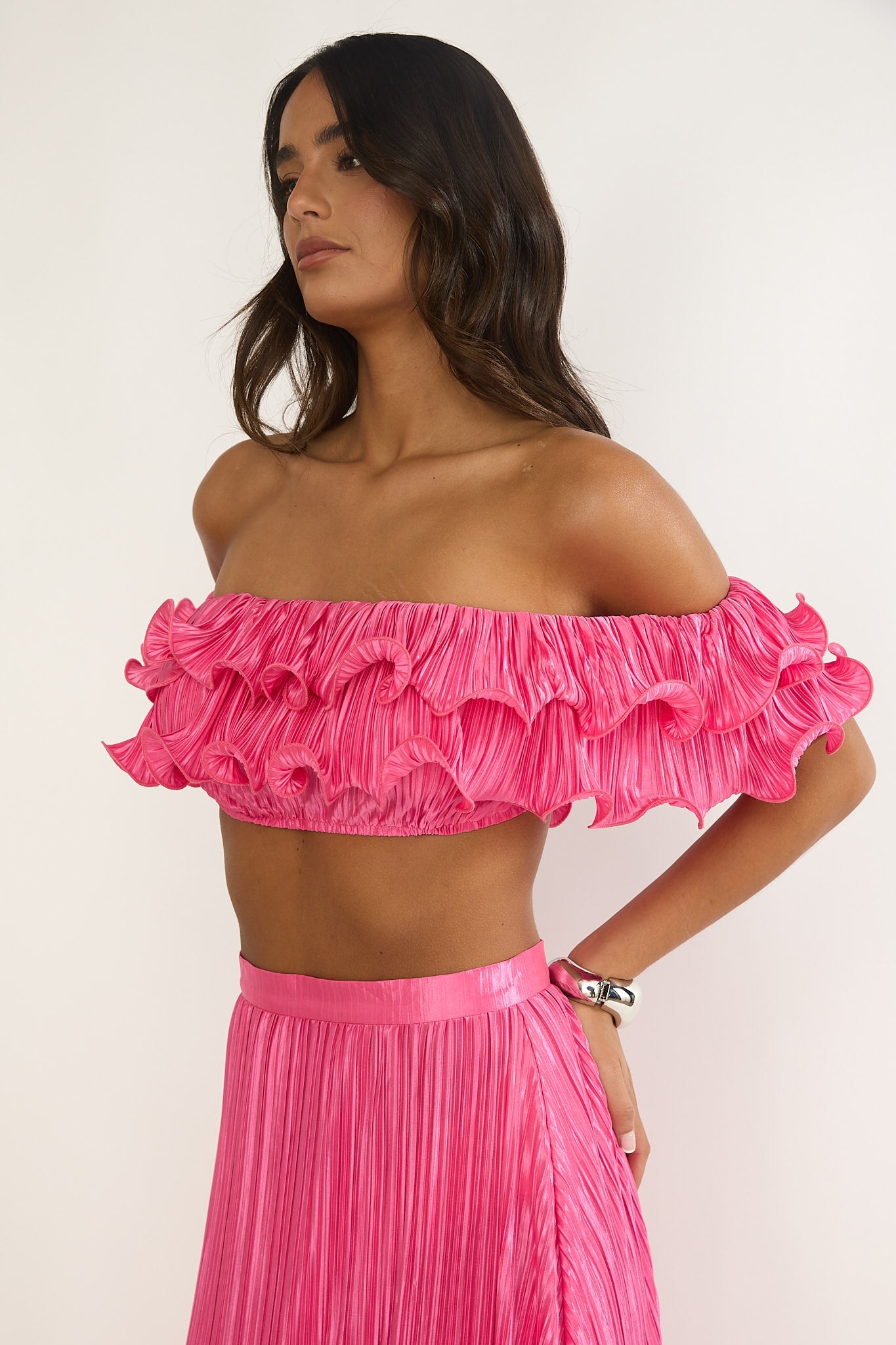 Amaria Off-Shoulder Lettuce Edge Crop Top Hot Pink
