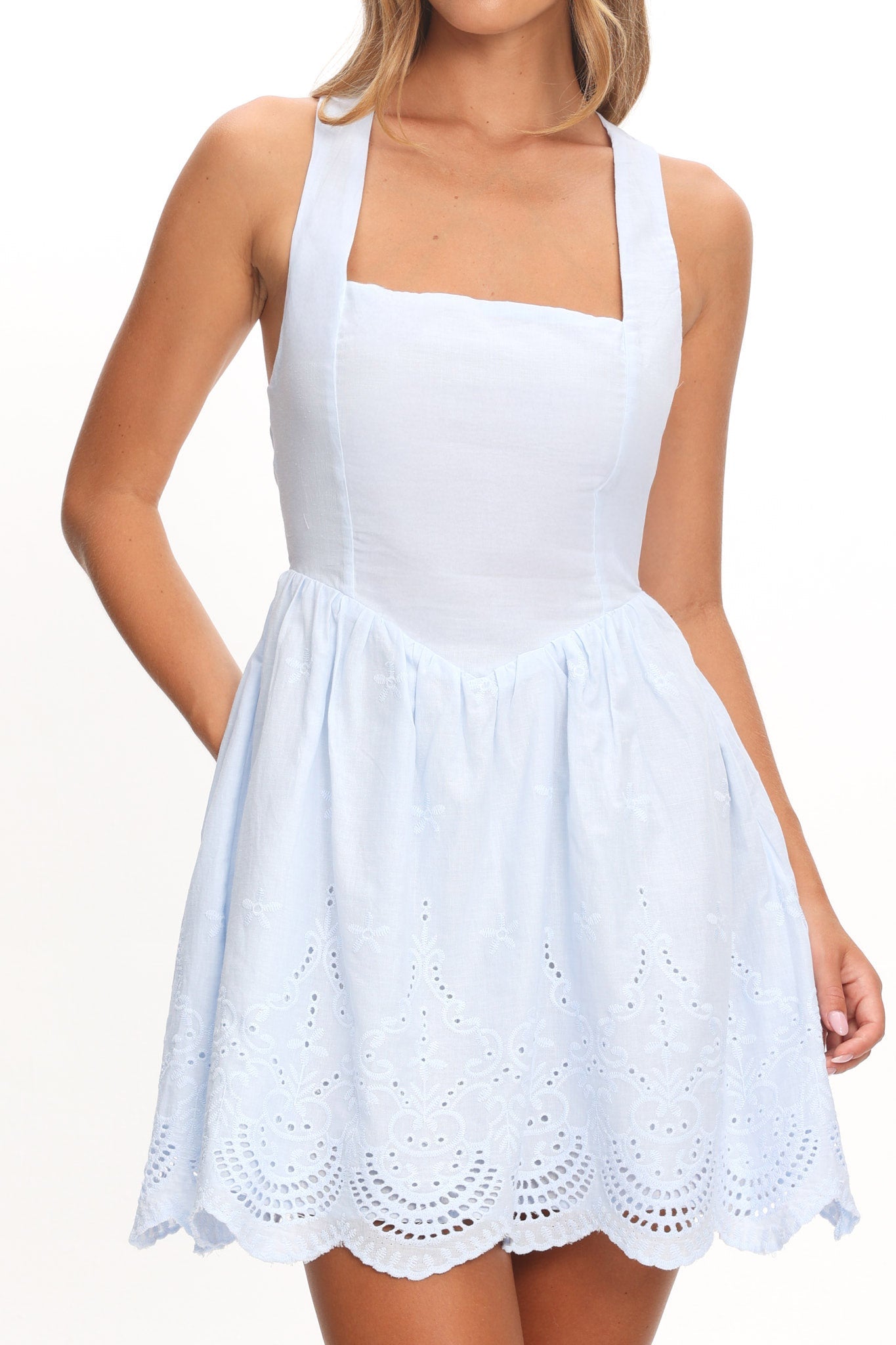 Aveline Eyelet Lace-Up Back Mini Dress Blue