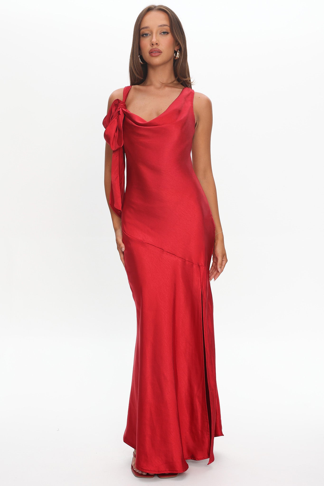 Averie Bow Shoulder Split Midi Dress Red