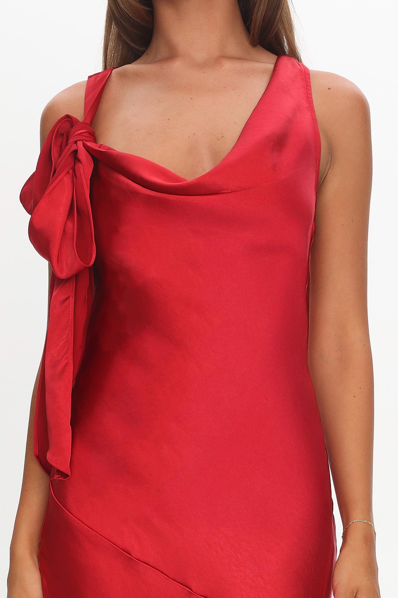 Averie Bow Shoulder Split Midi Dress Red