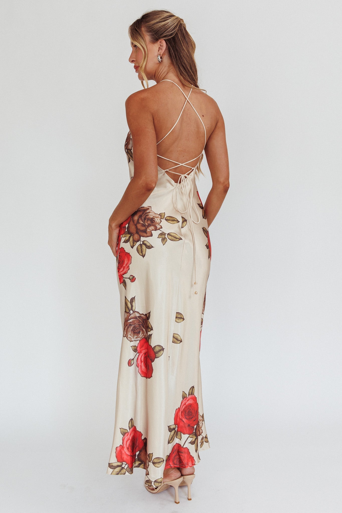 Aspen Spring Lace-Up Back Maxi Dress Floral Beige