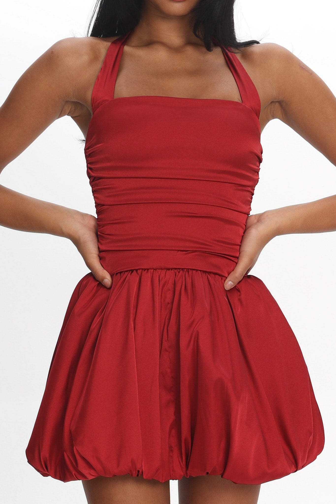 Angelico Halterneck Balloon Mini Dress Wine