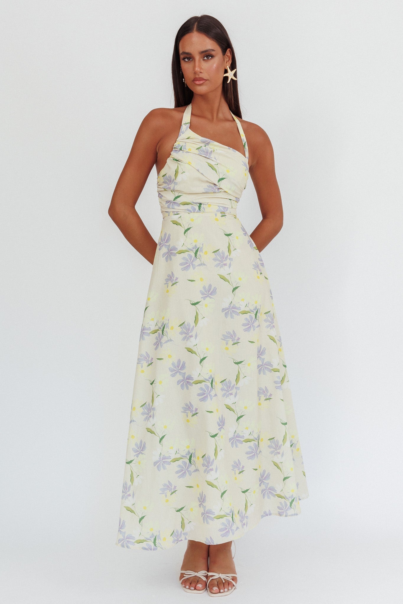 Auriana Asymmetric Neckline Halter maxi Dress Floral Lemon