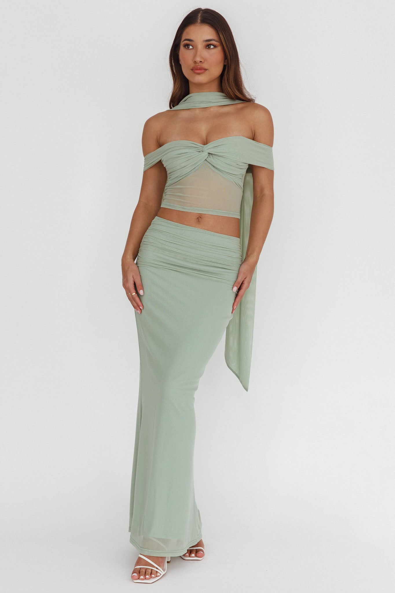 All The Lights Ruched Midi Skirt Sage