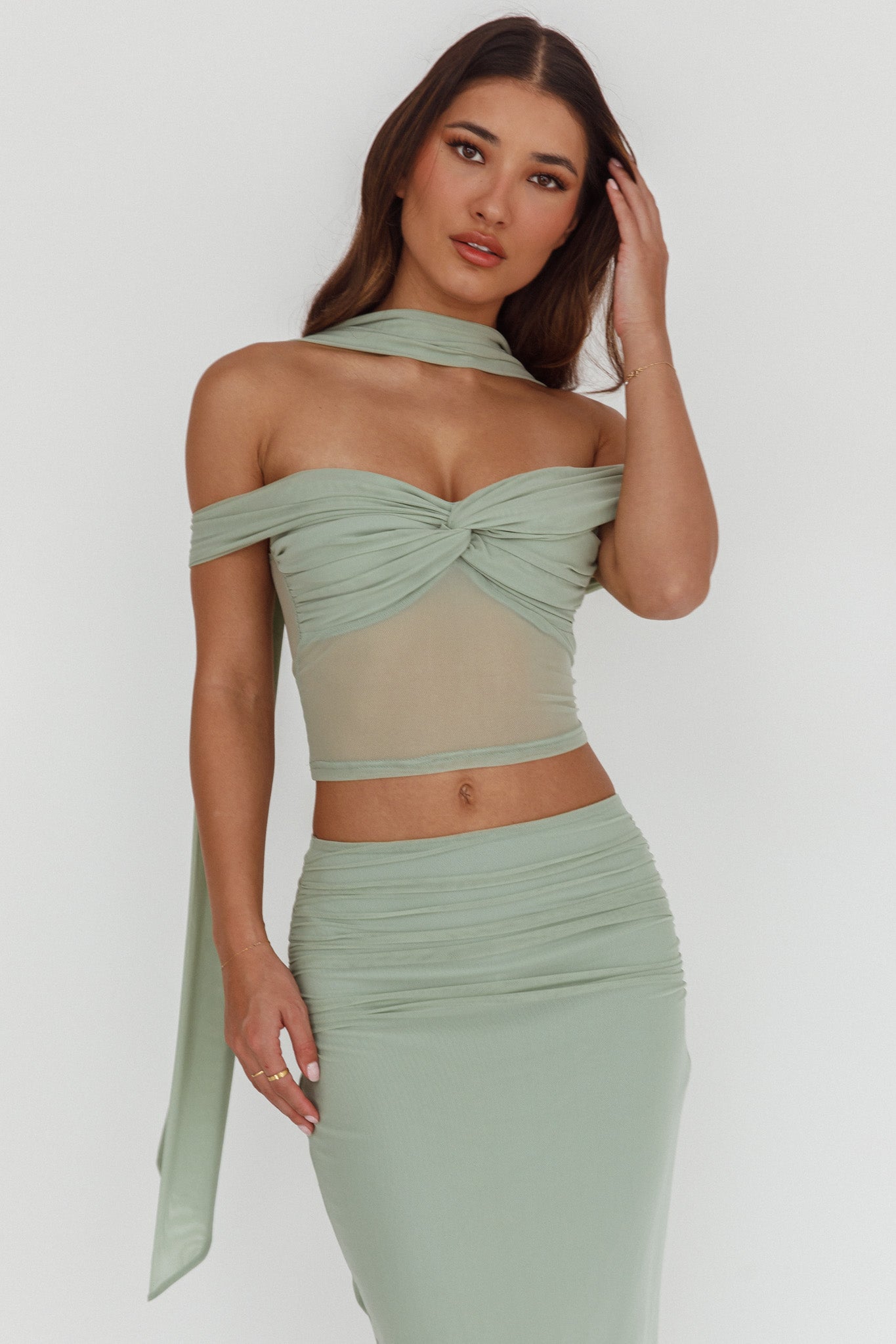 All The Lights Off-Shoulder Crop Top Sage