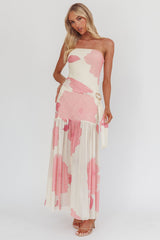 Antonella Strapless Waist Sash Maxi Dress Floral Pink