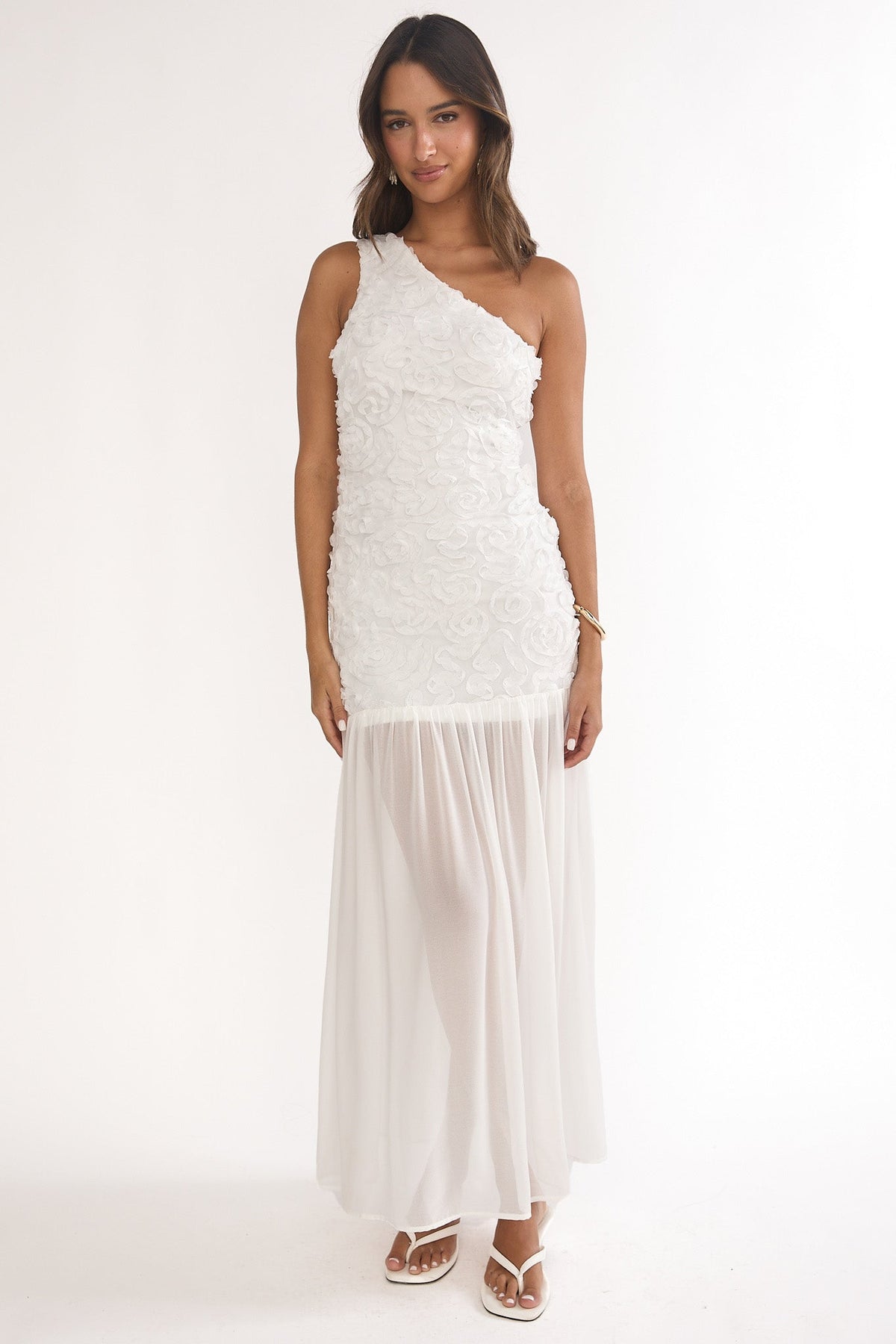 Angel Eye One Shoulder Maxi Dress Embellished White