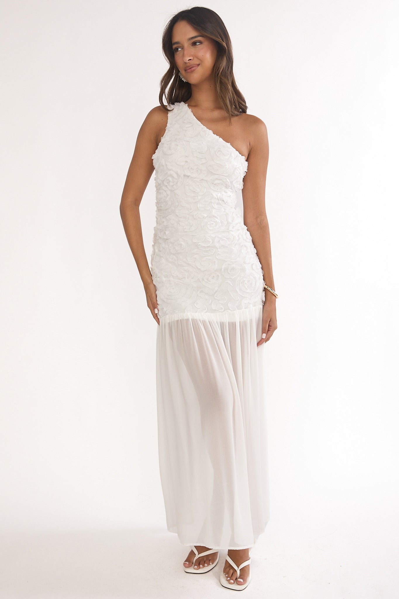 Angel Eye One Shoulder Maxi Dress Embellished White
