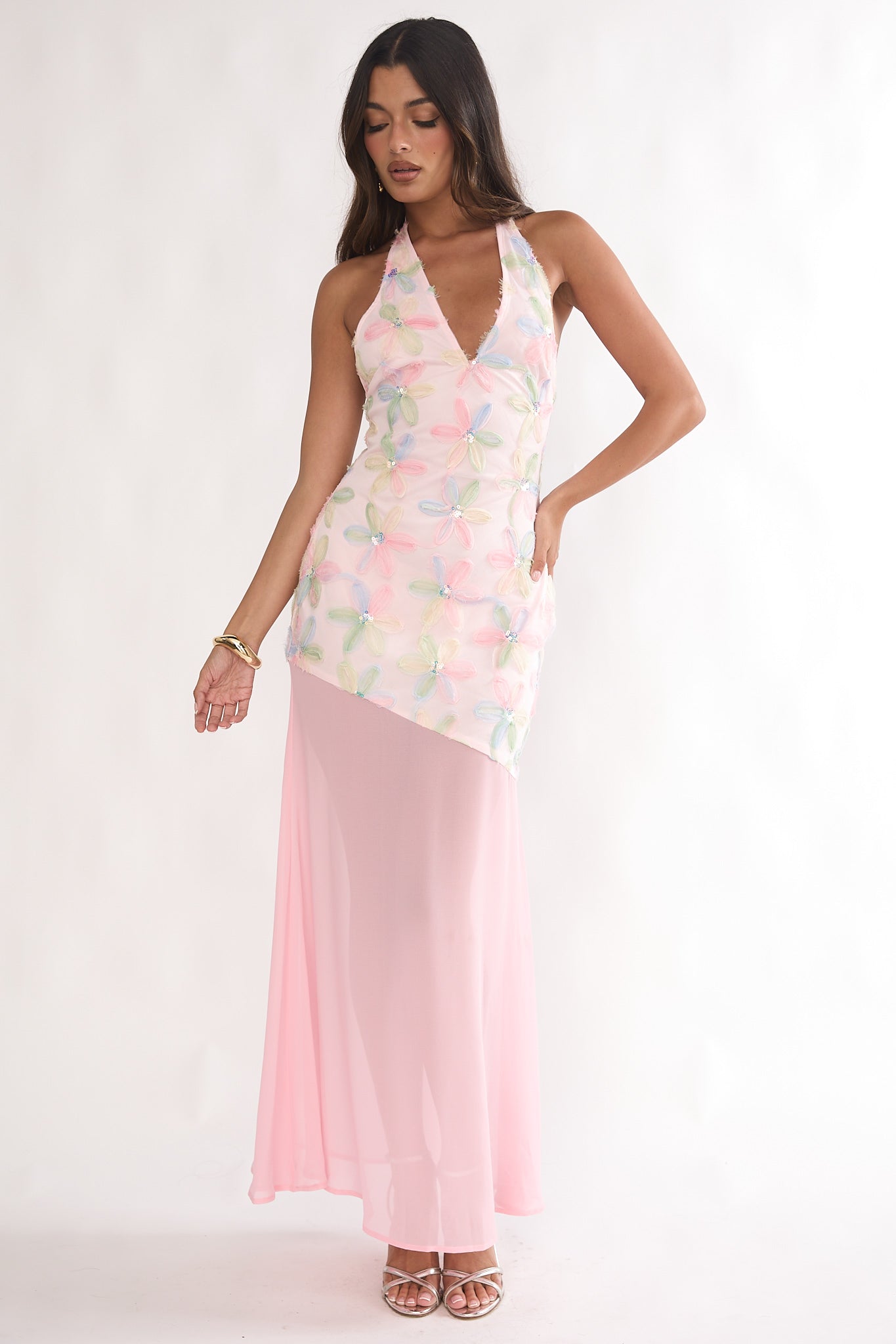 Arles Halterneck Sequin Embellished Maxi Dress Pink