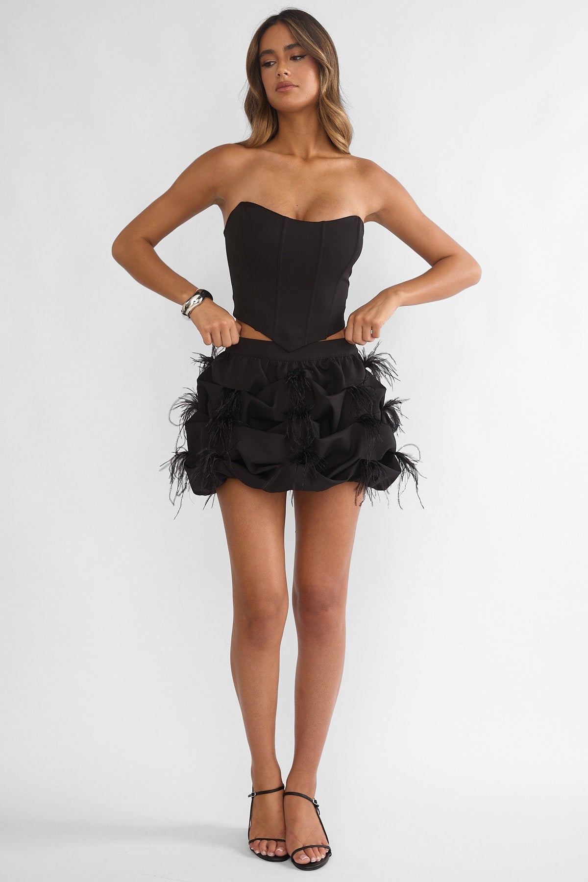Alyra Feather Puff Mini Skirt Black