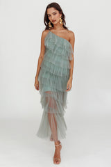 Arrabel Tiered Ruffle Tulle Maxi Dress Sage
