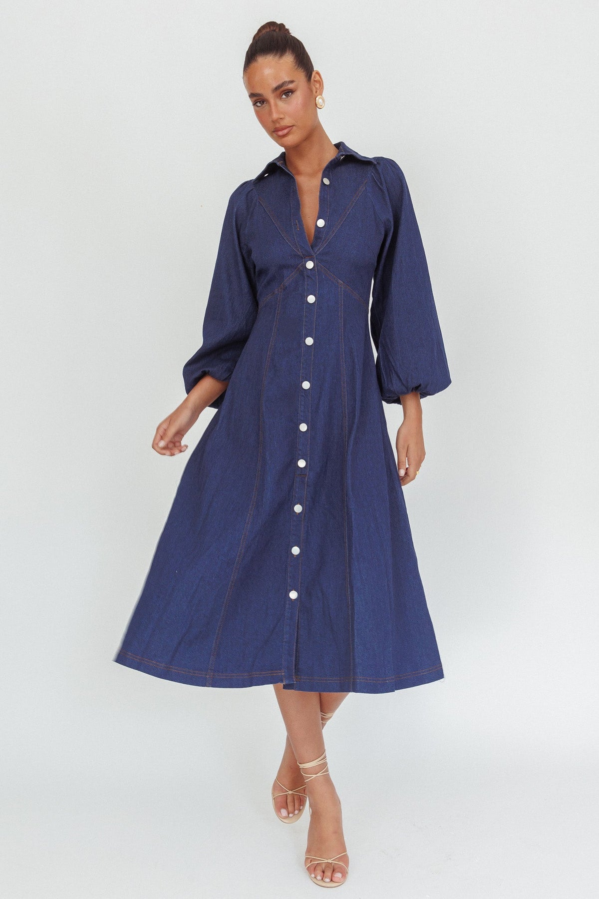 Ania Long Balloon Style Midi Dress Dark Denim