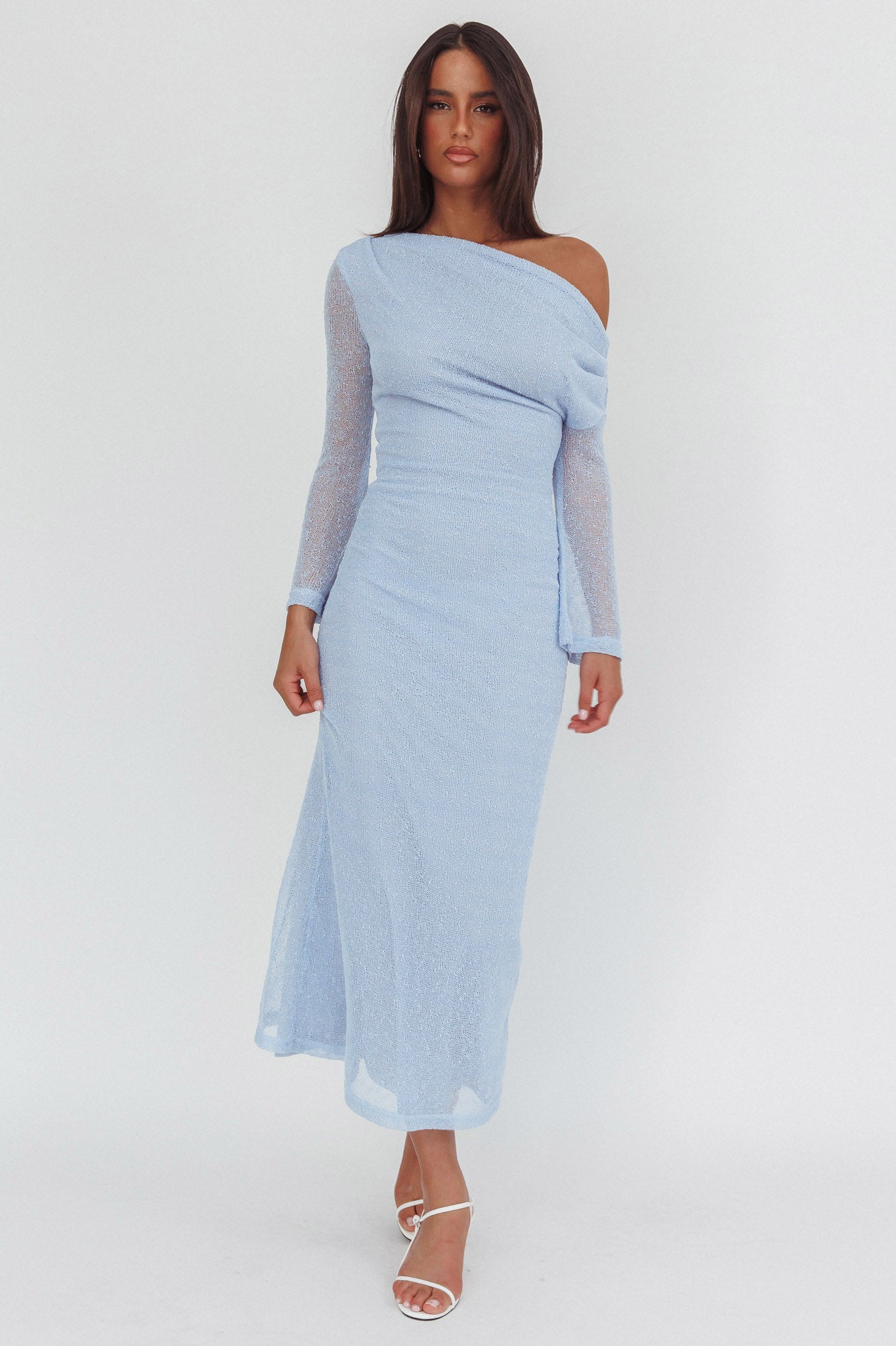 Alivya Asymmetric Neckline Knit Maxi Dress Blue