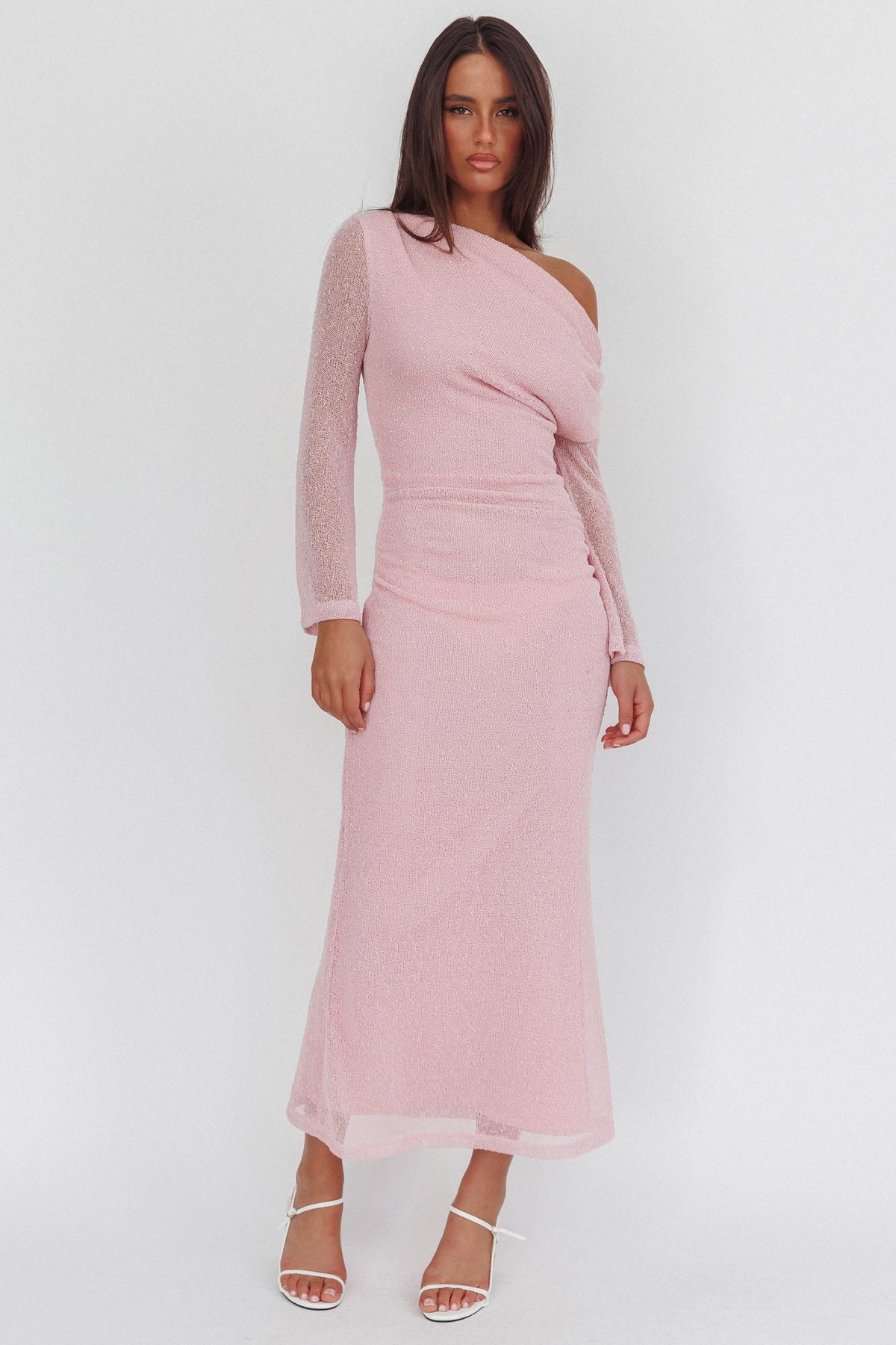 Alivya Asymmetric Neckline Knit Maxi Dress Pink