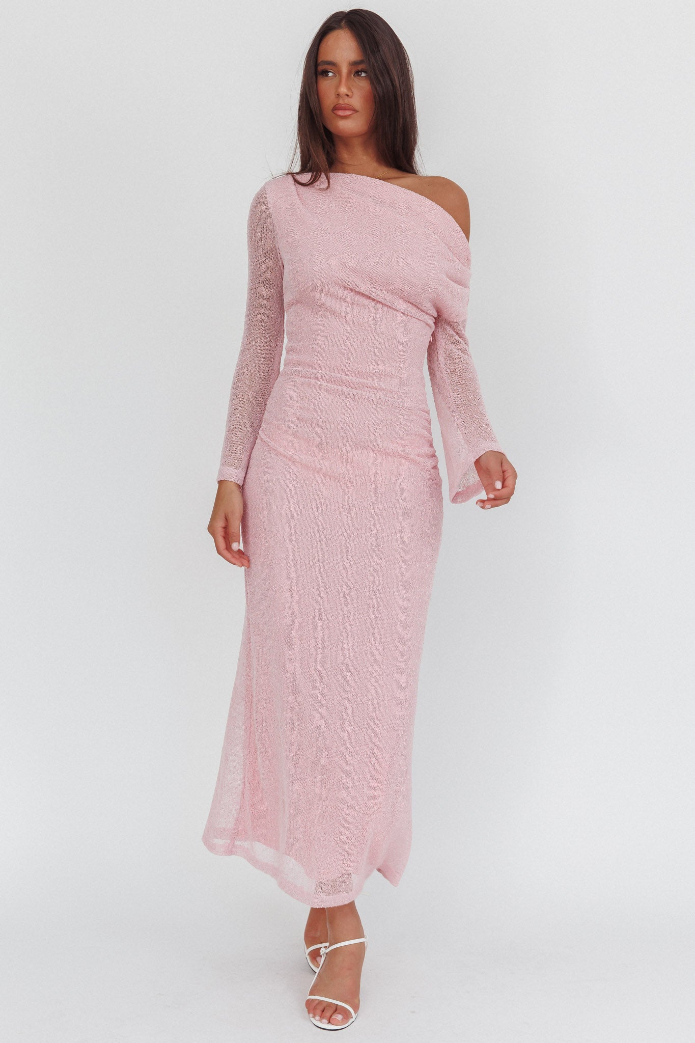 Alivya Asymmetric Neckline Knit Maxi Dress Pink