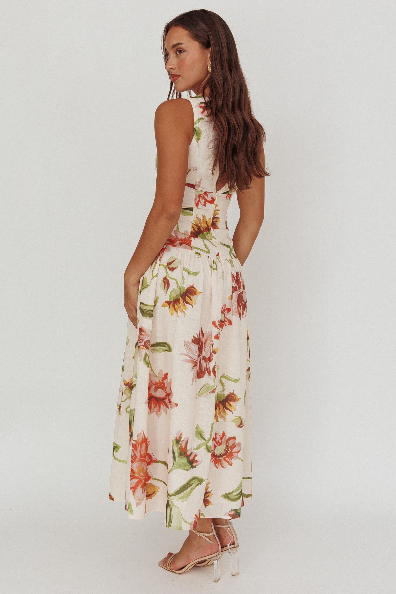 Audraya Drop Waist Maxi Dress Floral Beige