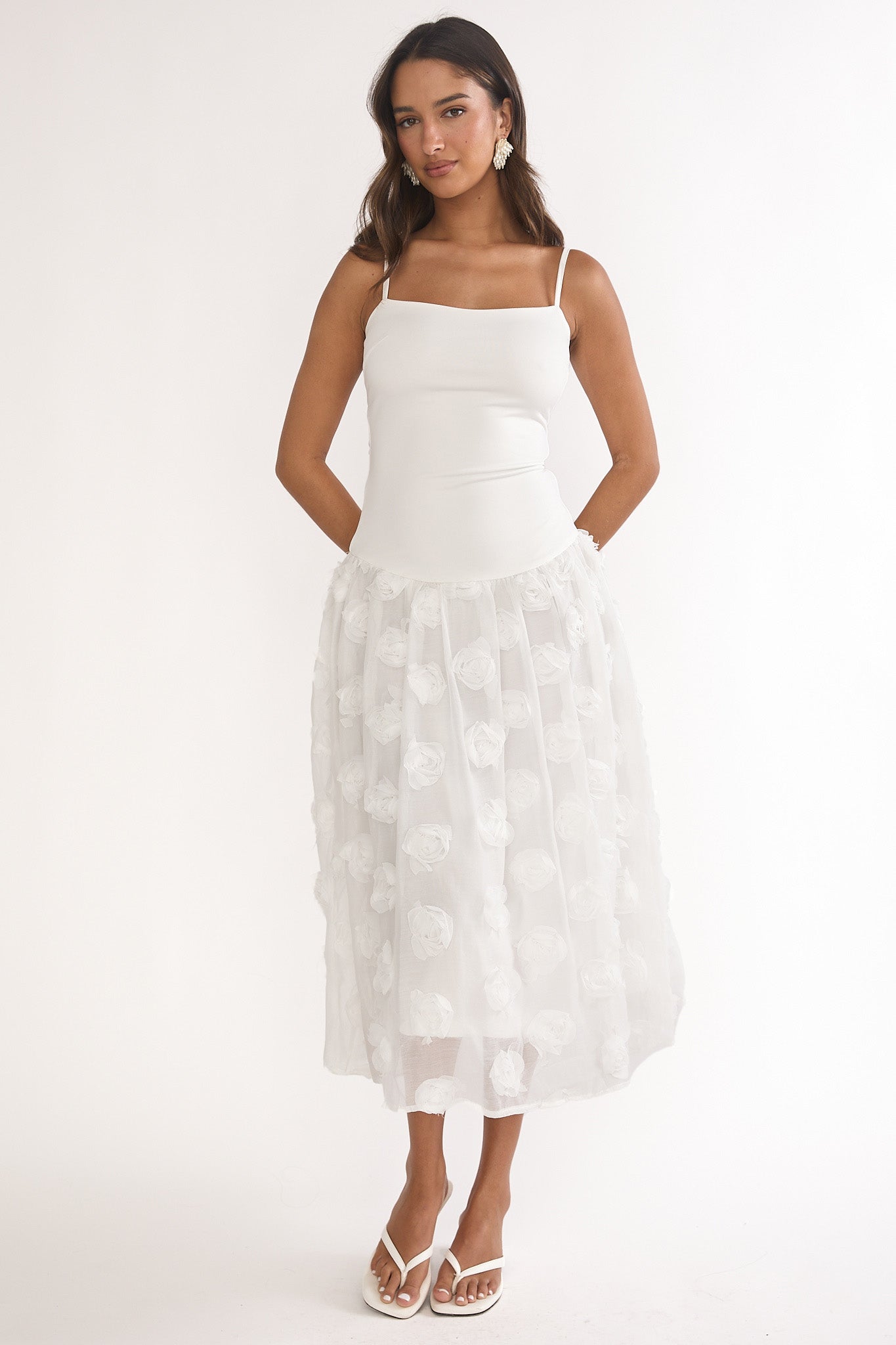 Adley Embellished Drop Waist Midi Dress White