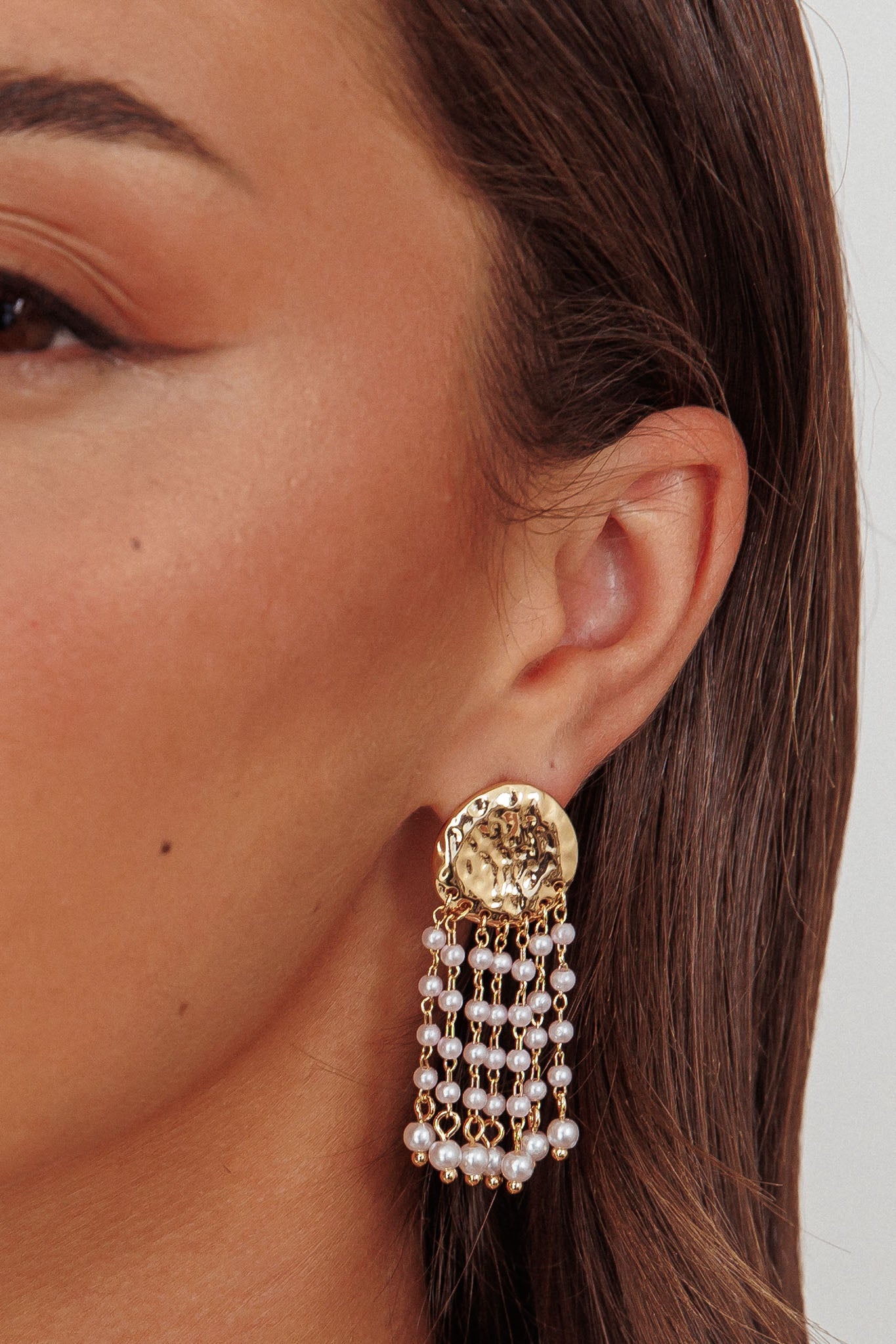 Alina Hammered Circle Tassel Earrings Gold Pearl