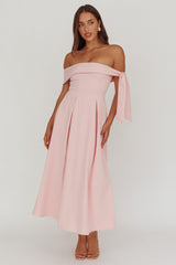 Aurora Sky Off-Shoulder Box Pleat Midi Dress Pink