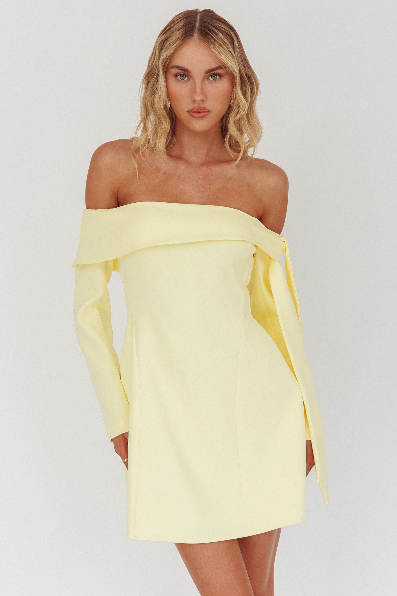 Aurora Sky Off-Shoulder Tie Mini Dress Lemon