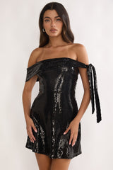 Aurora Sky Off-Shoulder Tie Mini Dress Sequin Black