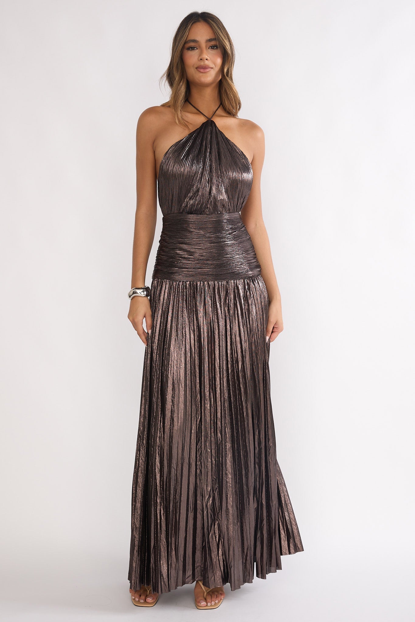 Ahmara Drop Waist Accordion Pleat Maxi Dress Gunmetal
