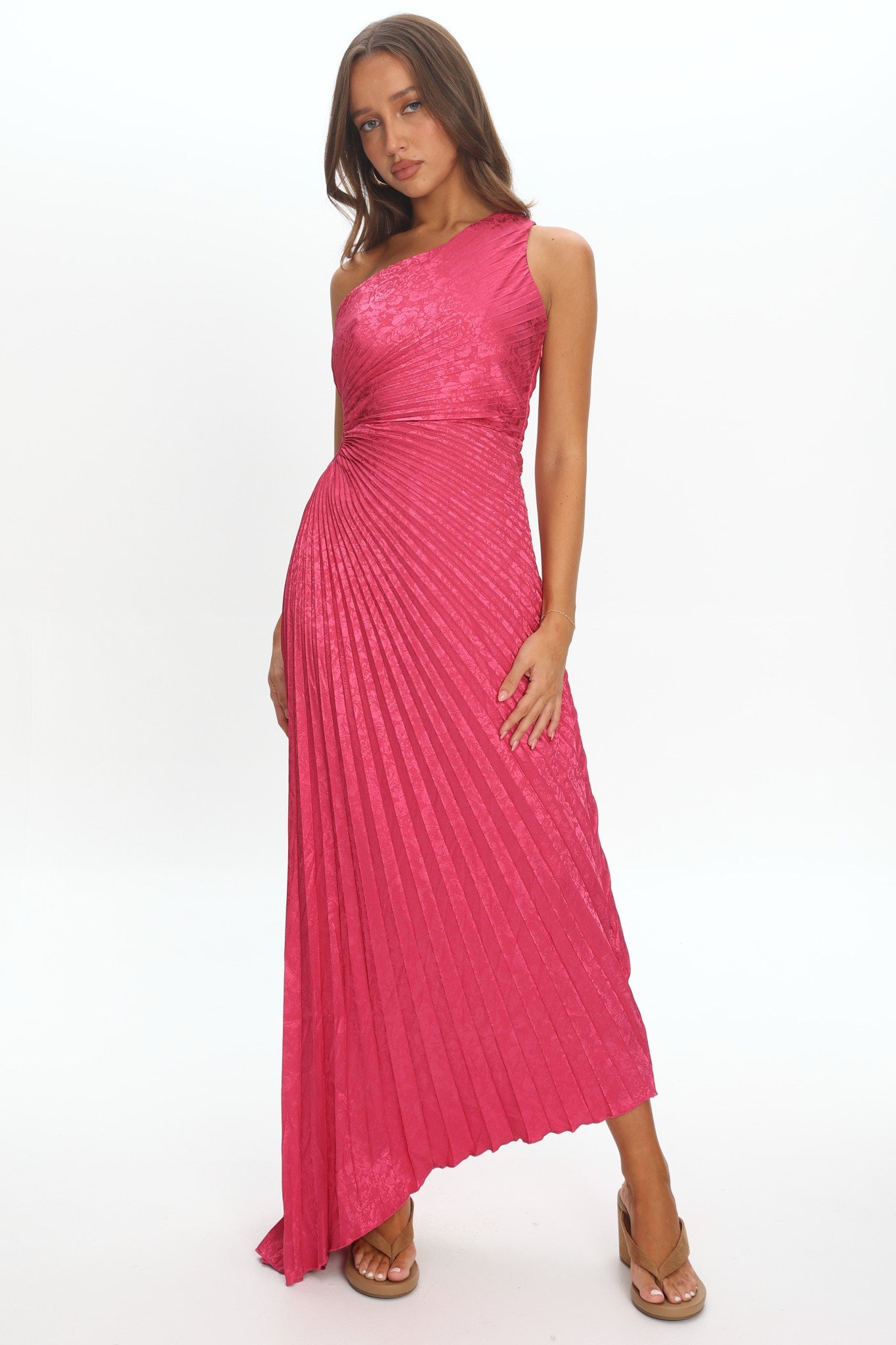Amelie One-Shoulder Accordion Pleat Maxi Dress Floral Fuchsia
