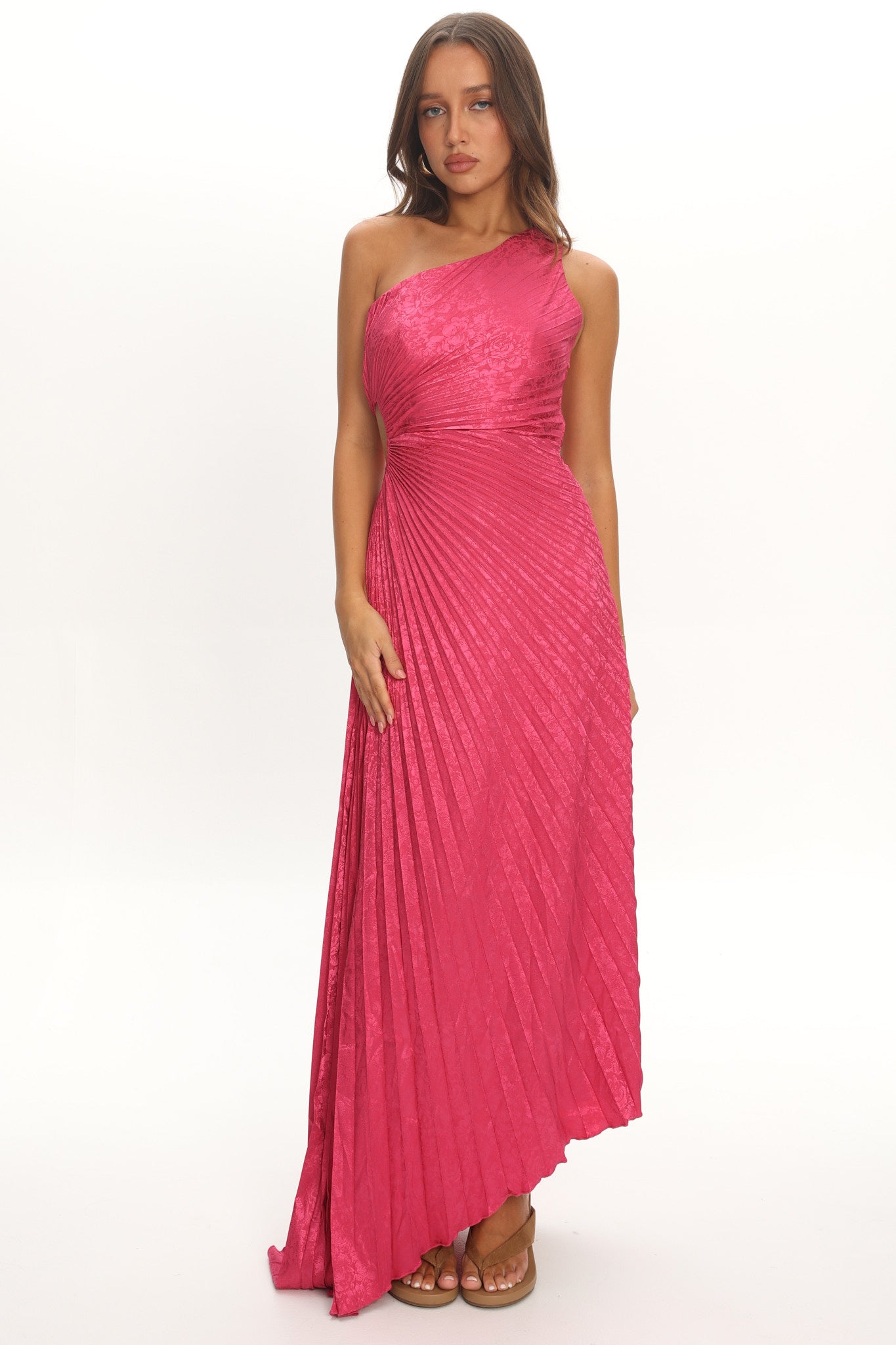 Amelie One-Shoulder Accordion Pleat Maxi Dress Floral Fuchsia