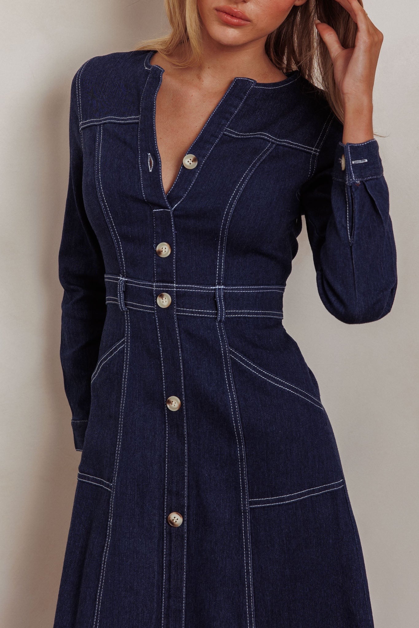 Aspen Love Front Pocket Long Sleeve Midi Dress Indigo