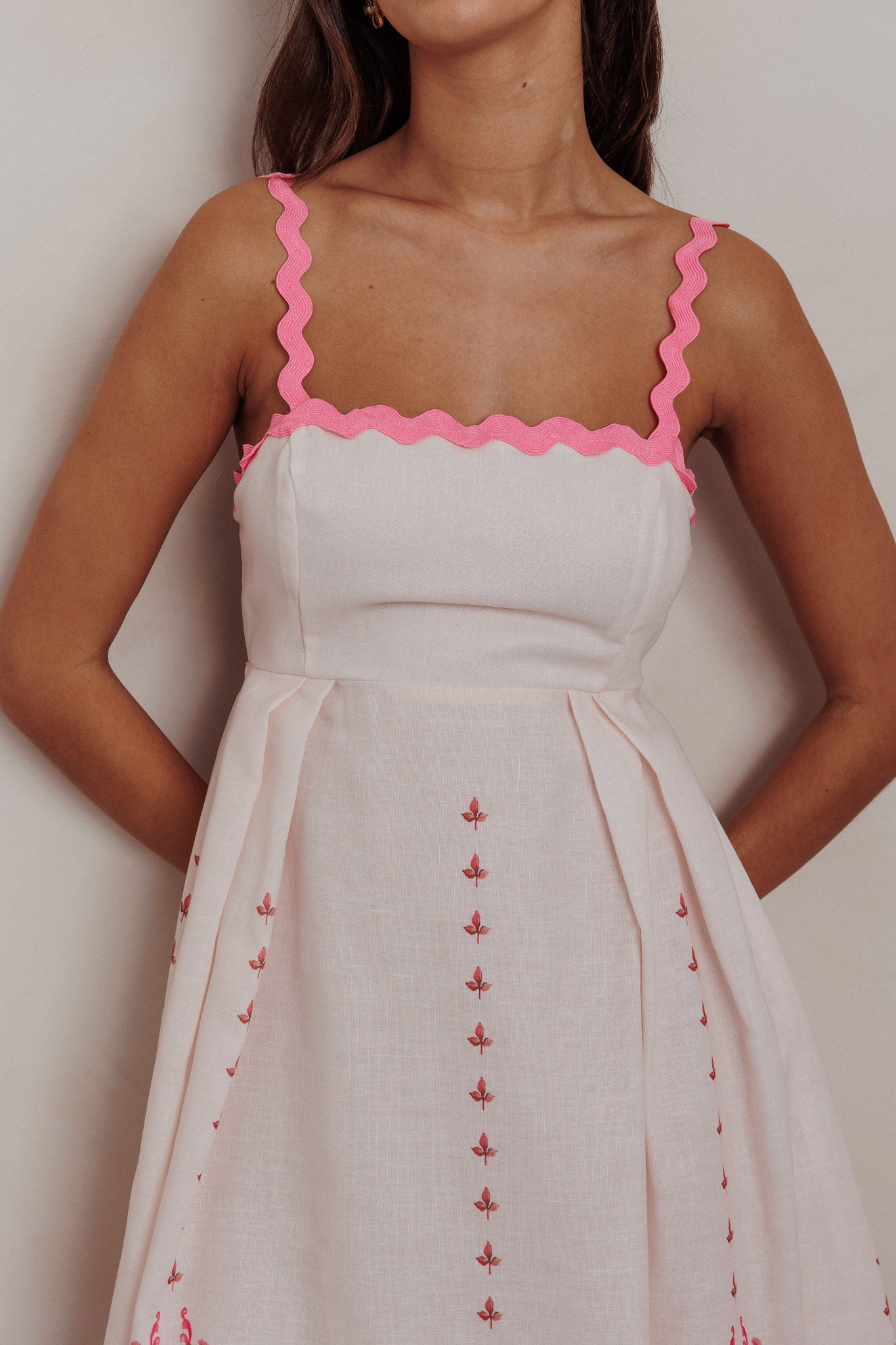 Asami Floral Print Ric Rac Trim Midi Dress Blush