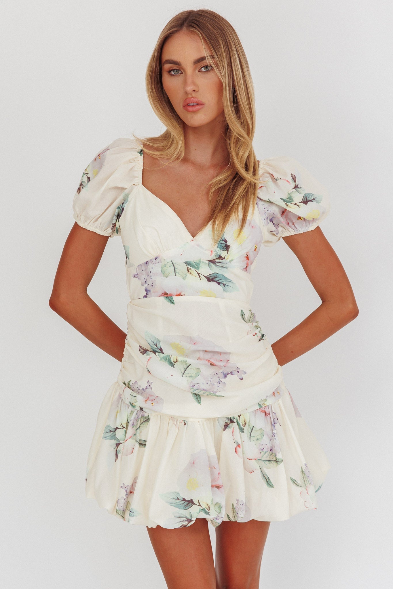 Annabella Puff Sleeve Tied Back Mini Dress Floral Butter
