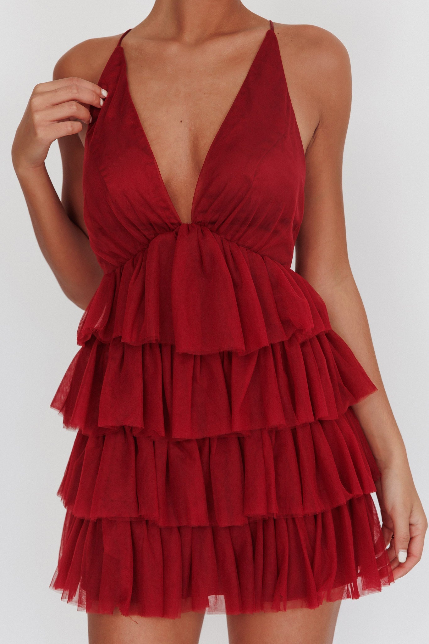 Auguste Tiered Frill Mini Dress Burgundy