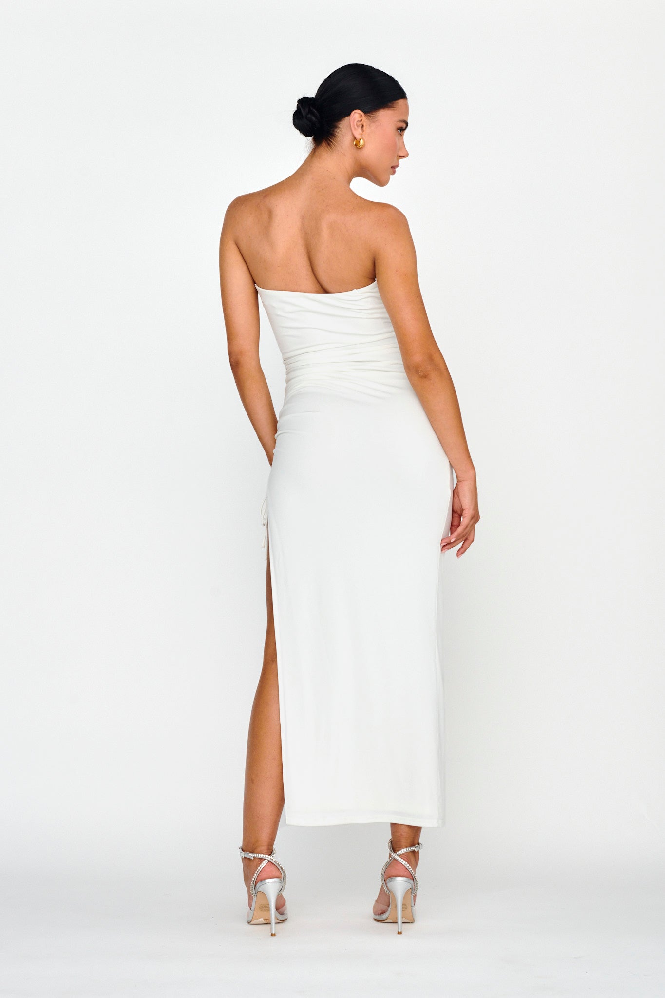 Affections Drawstring Ruched Split Maxi Dress White