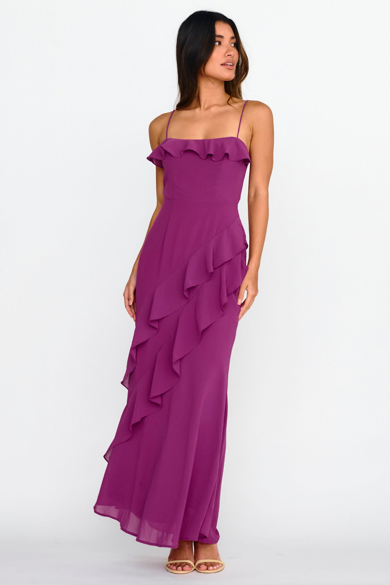 Actual Sunshine Ruffle Trim Maxi Dress Plum