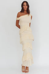 Anaisa Asymmetric Neckline Frill Maxi Dress Cream