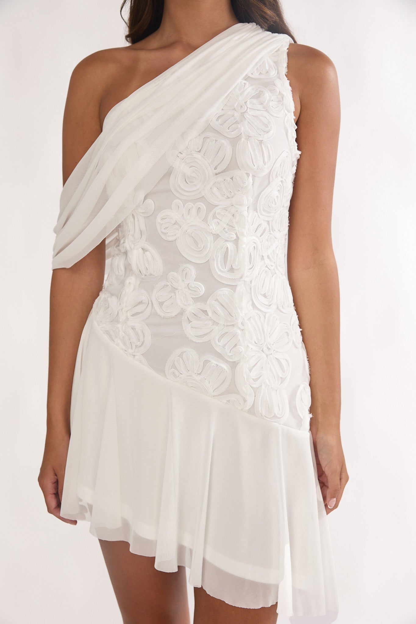 Anaisa One-Shoulder Draped Mini Dress Embellished Off White