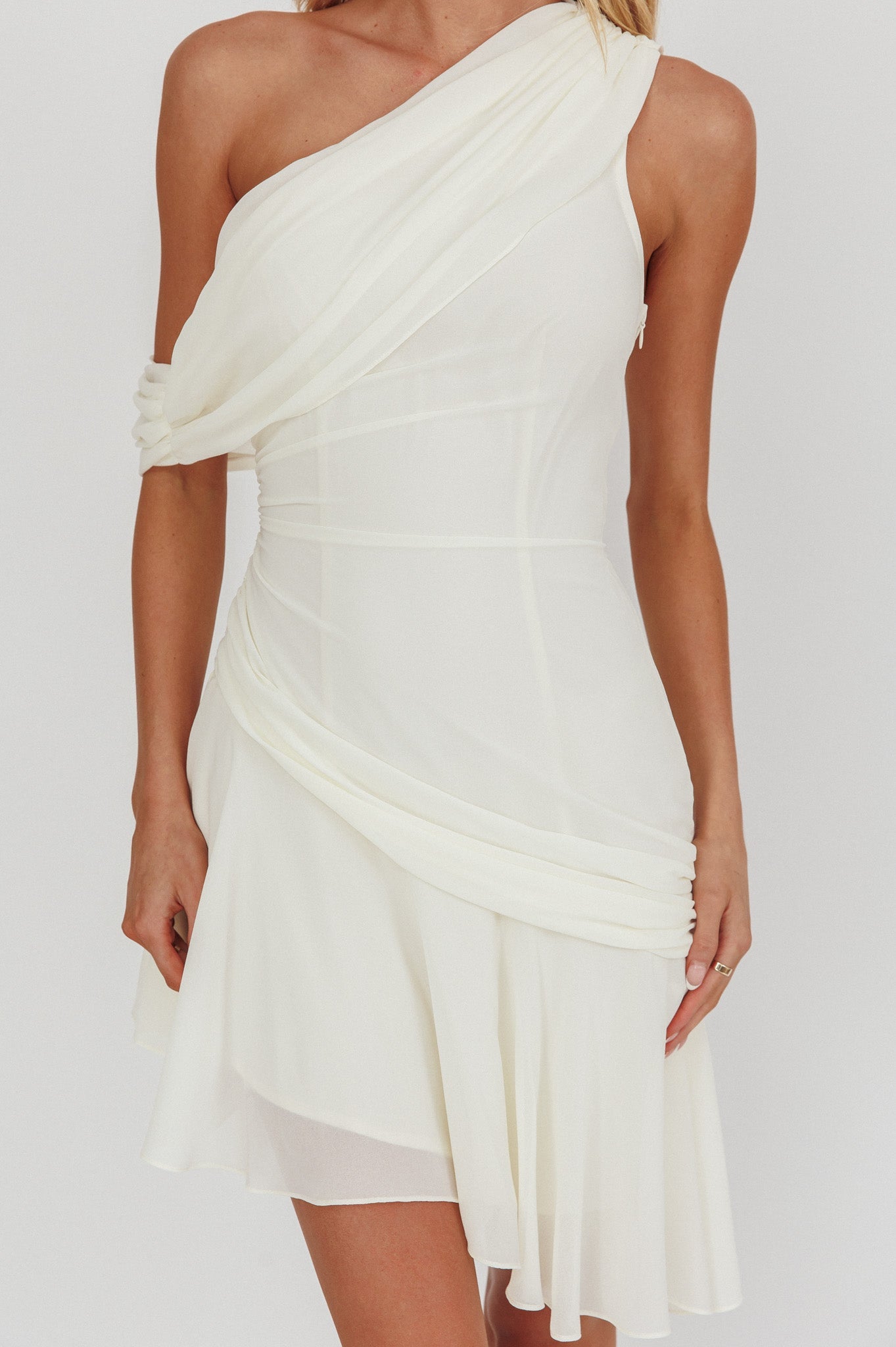 Anaisa One-Shoulder Draped Mini Dress Cream