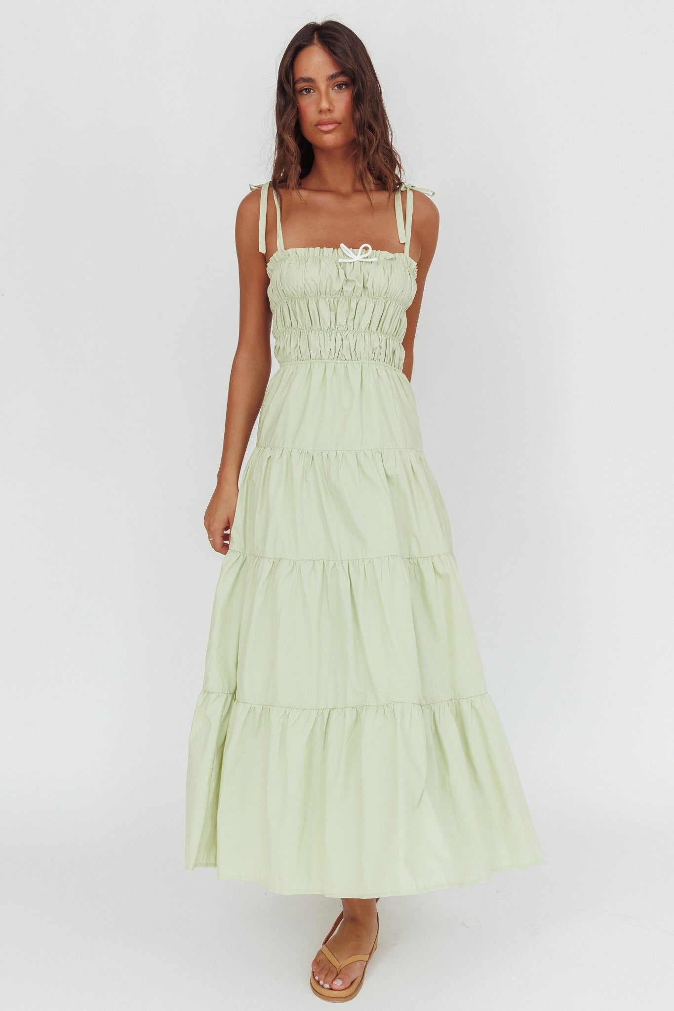 Anderson Tied Shoulder Smocked Bodice Maxi Dress Sage
