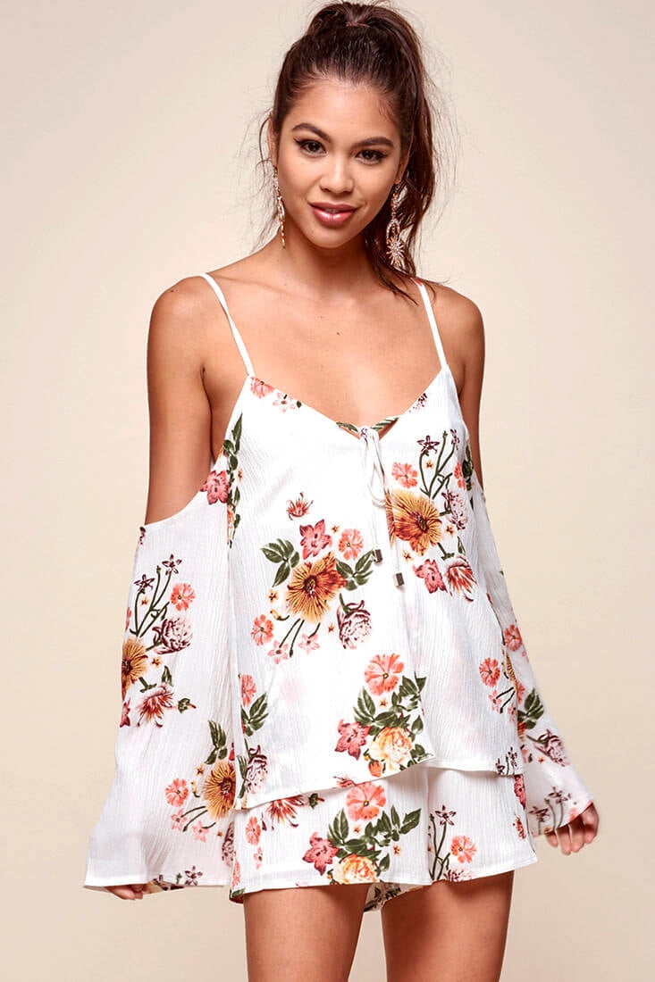 Ashanti Off the Shoulder Layered Floral Romper White